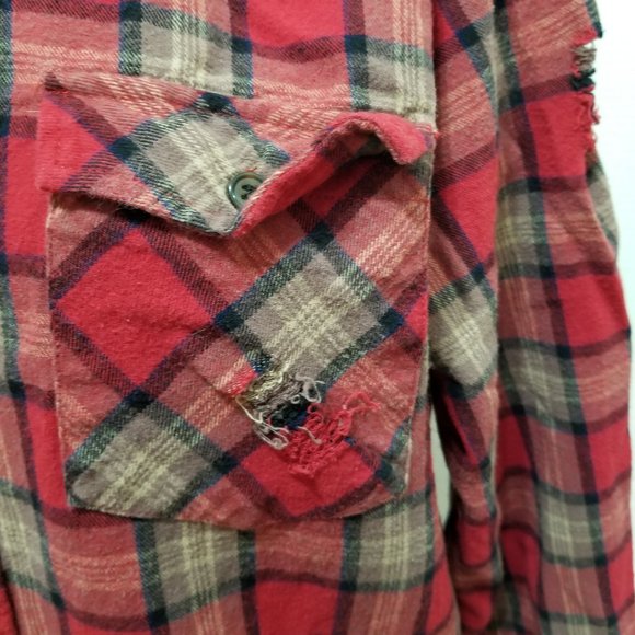 Forever 21 Men shirt Large distressed flannel button up plaid ripped torn grunge - Picture 9 of 15